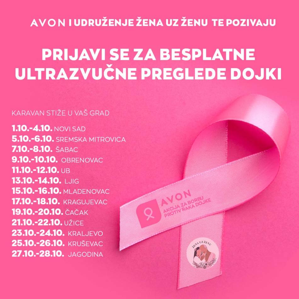 Udruženje “Žena uz ženu” i kompanija Avon vas pozivaju na besplatne ultrazvučne preglede u gradovima širom Srbije u cilju prevencije i ranog otkrivanja i lečenja raka dojke