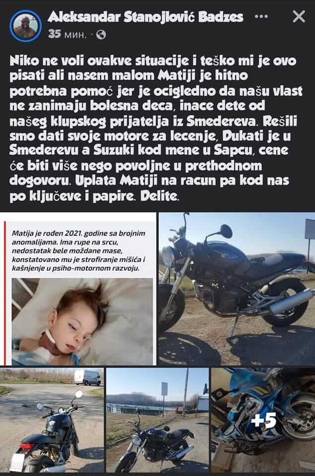 Aleksandar Stanojlović prodaje motor za lečenje malog Matije